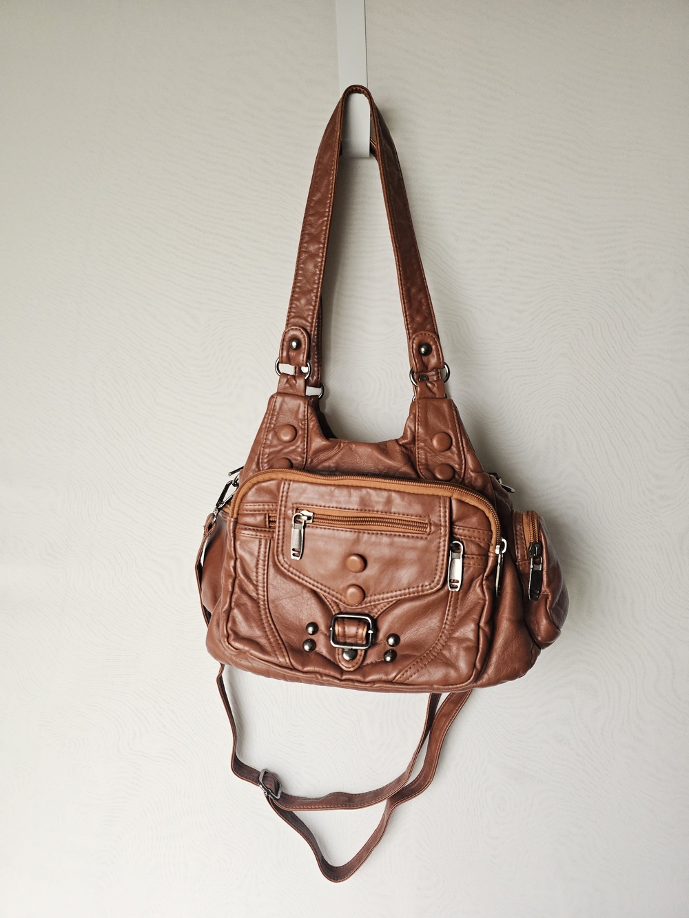 Cognac Faux Leather Multi-Pocket Shoulder & Crossbody Bag